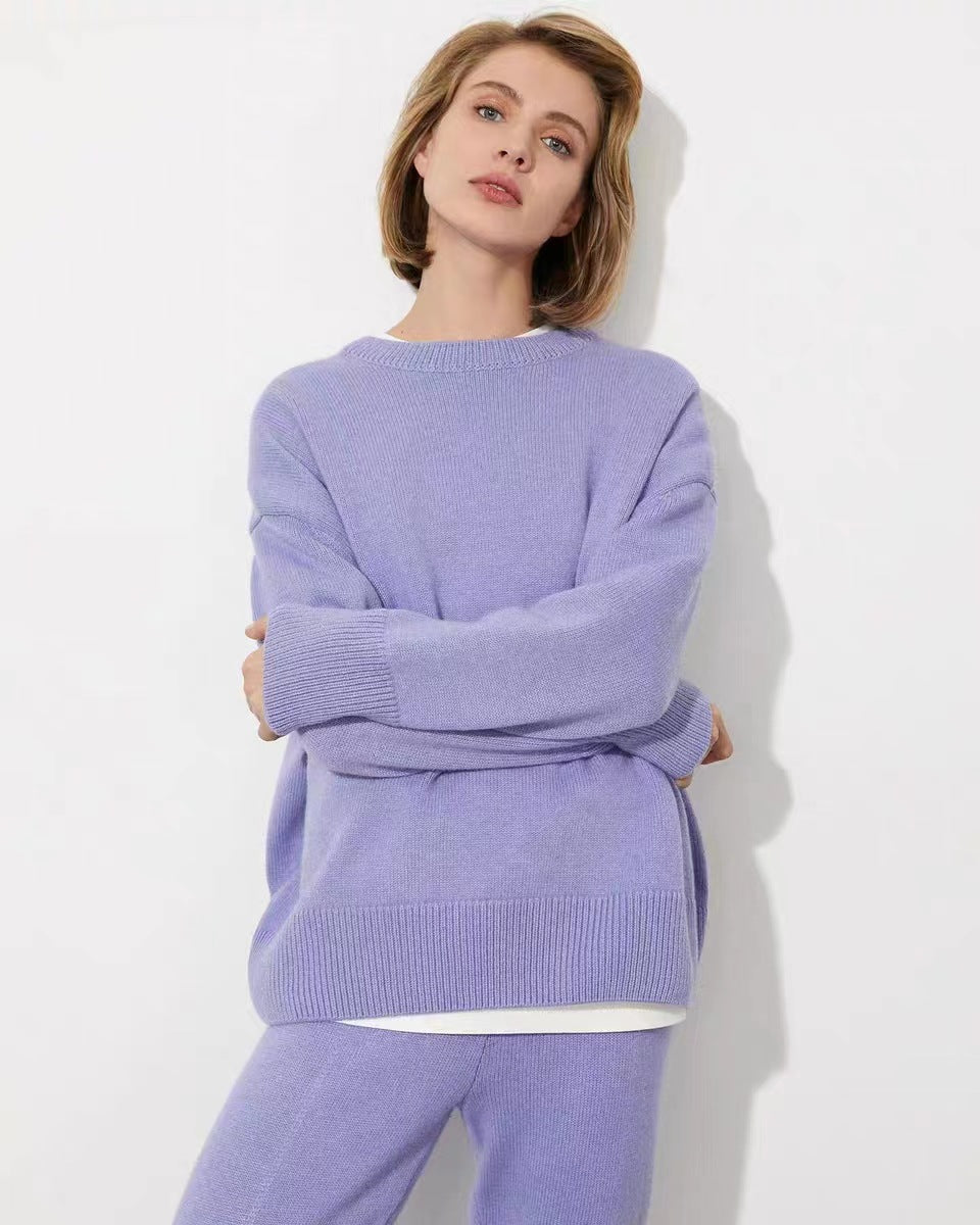 Pull-over décontracté à col rond et couleur unie pour femme