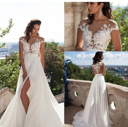 Robe de Mariée Trapèze à Appliques – Style Bohème et Mousseline Fluide