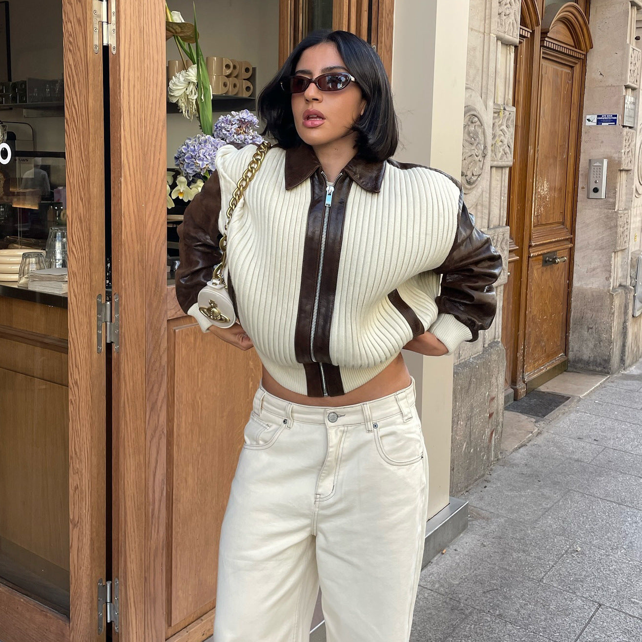 Veste Chic en Patchwork de Maille & Cuir