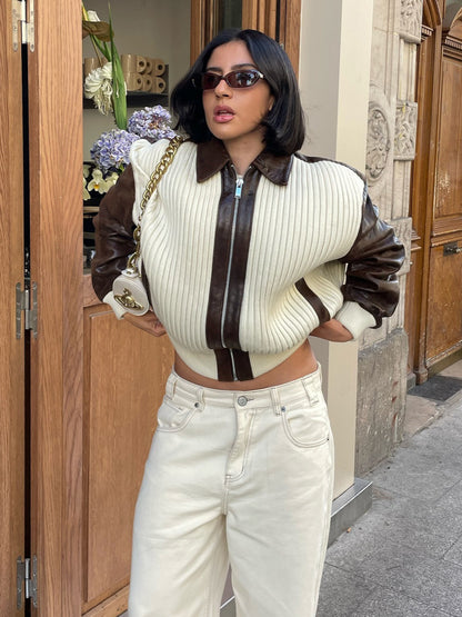 Veste Chic en Patchwork de Maille & Cuir