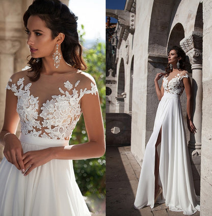 Robe de Mariée Trapèze à Appliques – Style Bohème et Mousseline Fluide