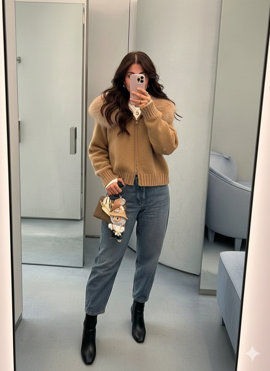 Cardigan Hiver Luxe à Col en Fourrure Somptueuse