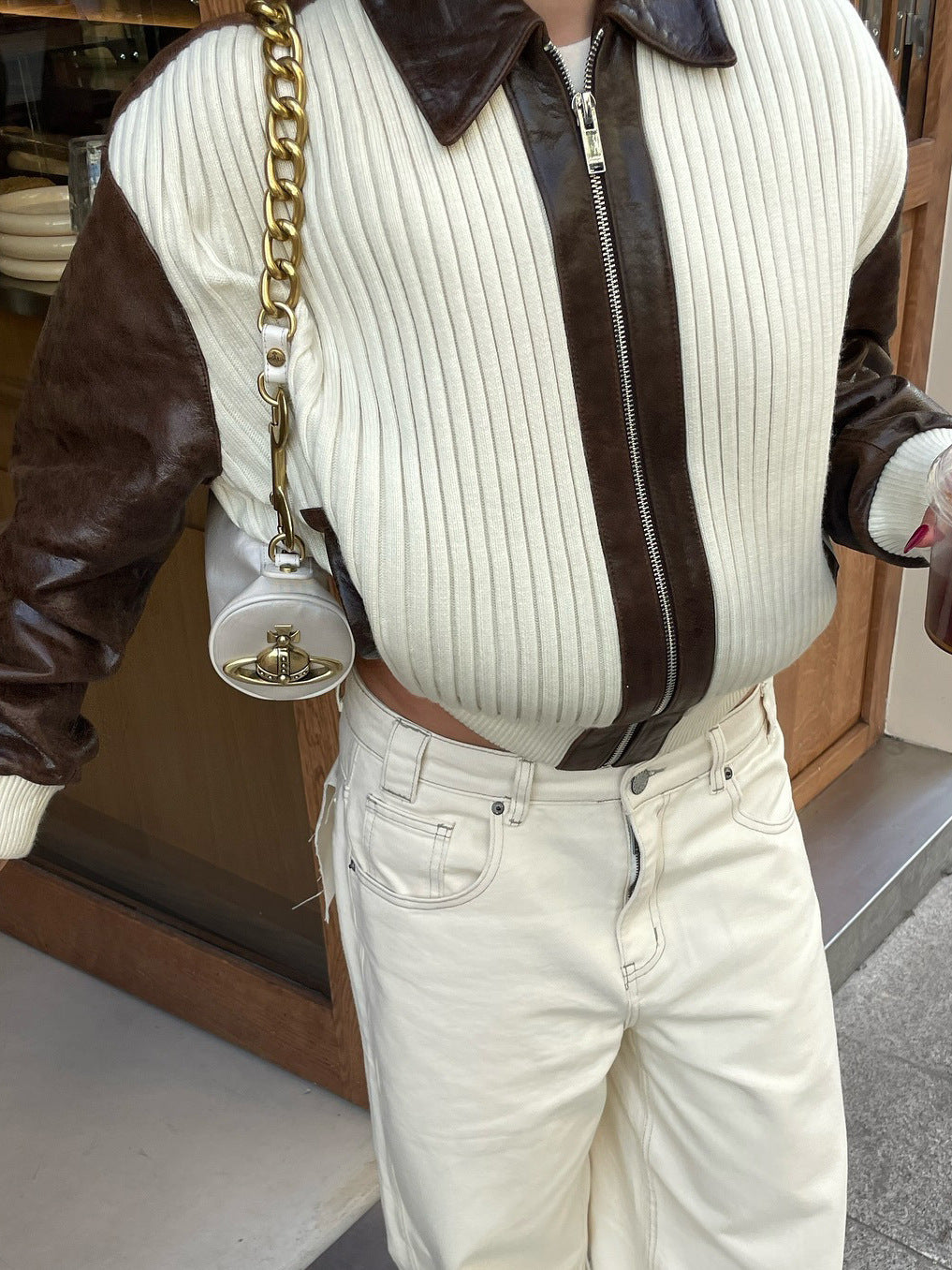 Veste Chic en Patchwork de Maille & Cuir
