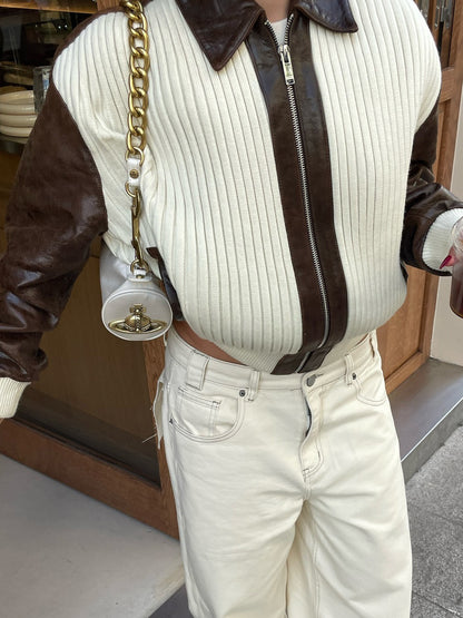 Veste Chic en Patchwork de Maille & Cuir